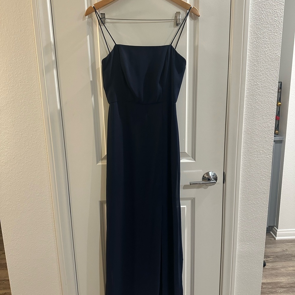 Dessy Midnight Navy Tie-Back Cutout Trumpet Gown with Front Slit